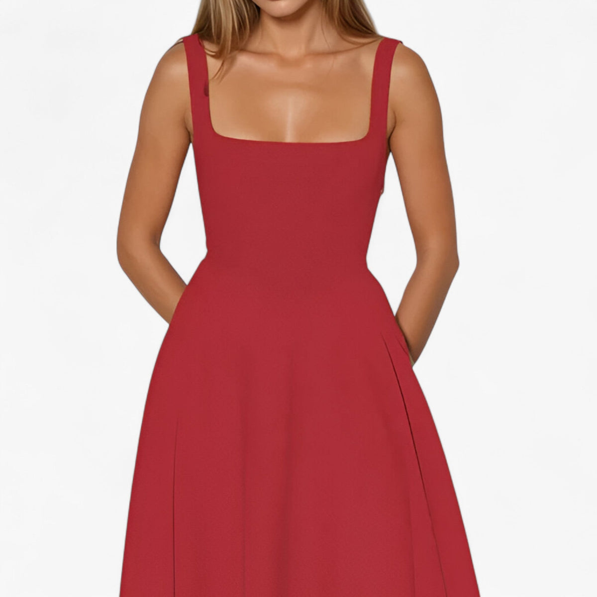 Fitted Midi Dress with Wide Straps and Modern Neckline