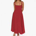 Fitted Midi Dress with Wide Straps and Modern Neckline