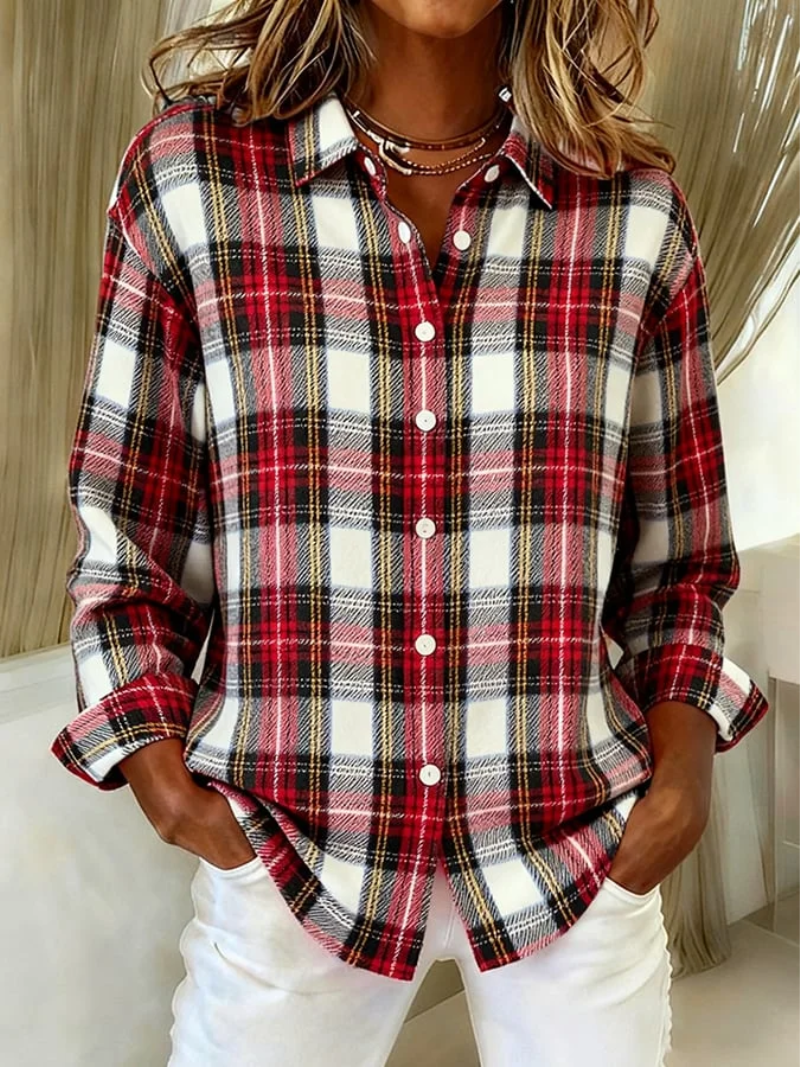 Checked Cotton Flannel Blouse with Collar