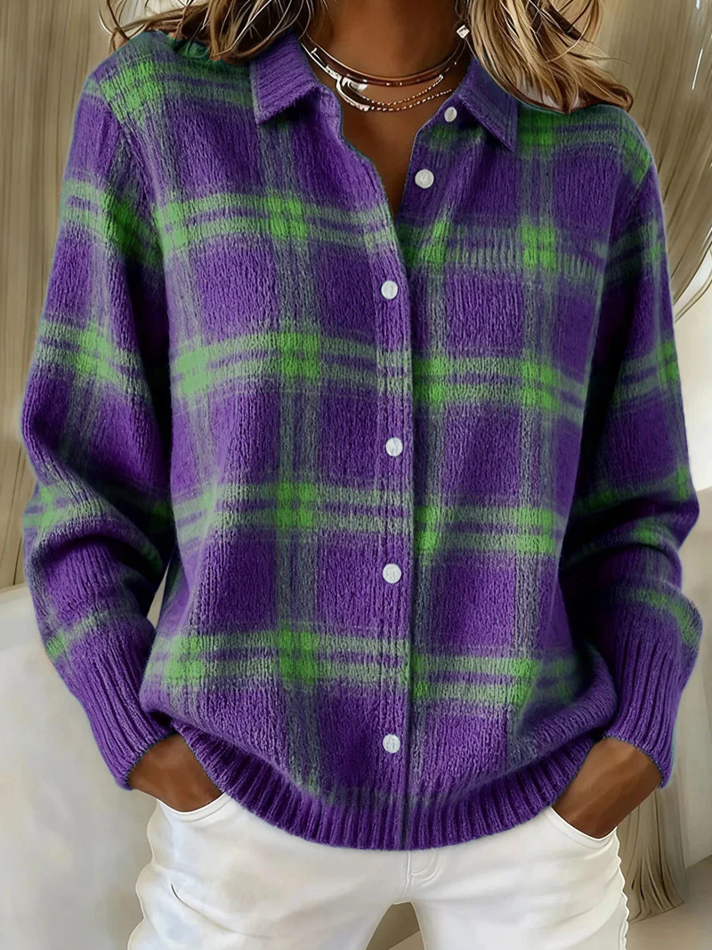 Checked Cotton Flannel Blouse with Collar