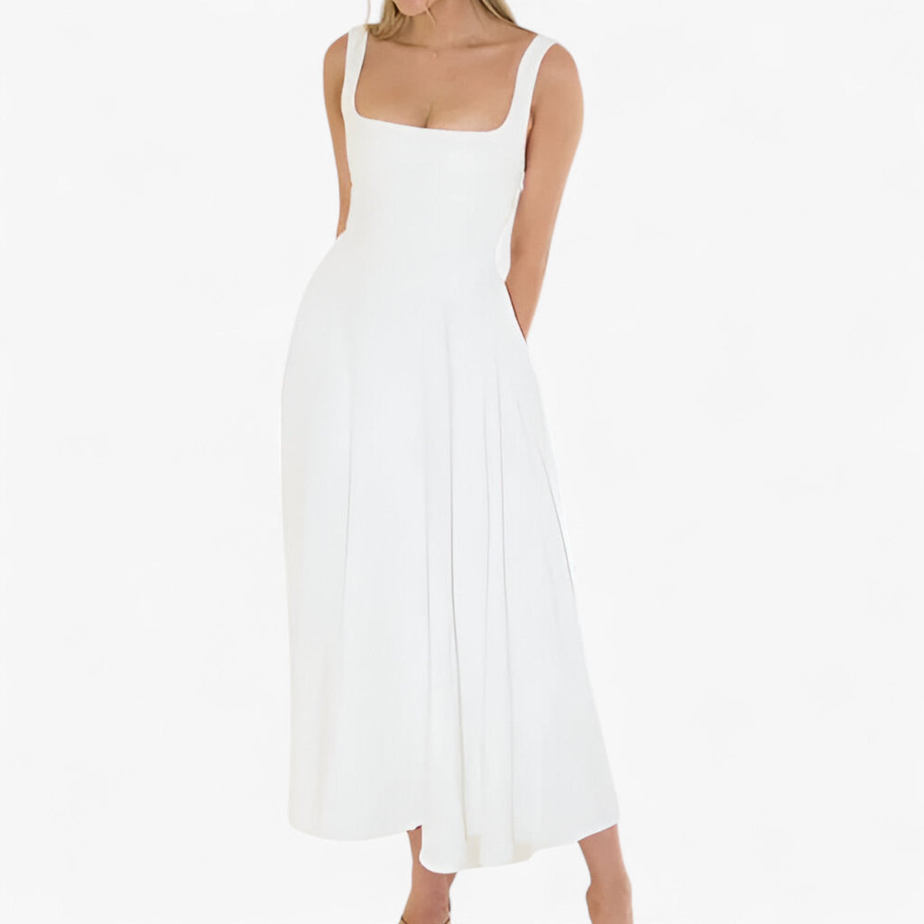 Fitted Midi Dress with Wide Straps and Modern Neckline