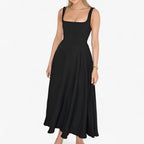 Fitted Midi Dress with Wide Straps and Modern Neckline