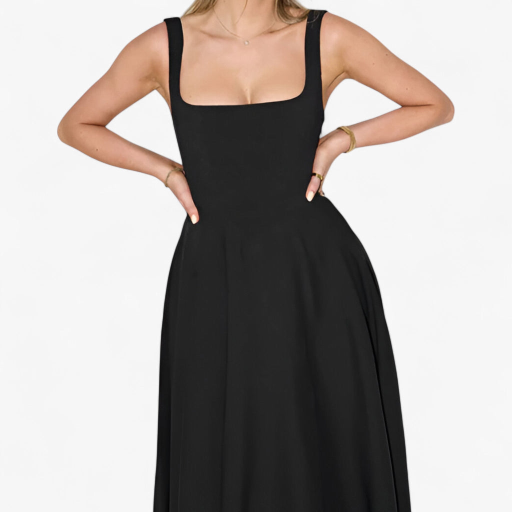 Fitted Midi Dress with Wide Straps and Modern Neckline