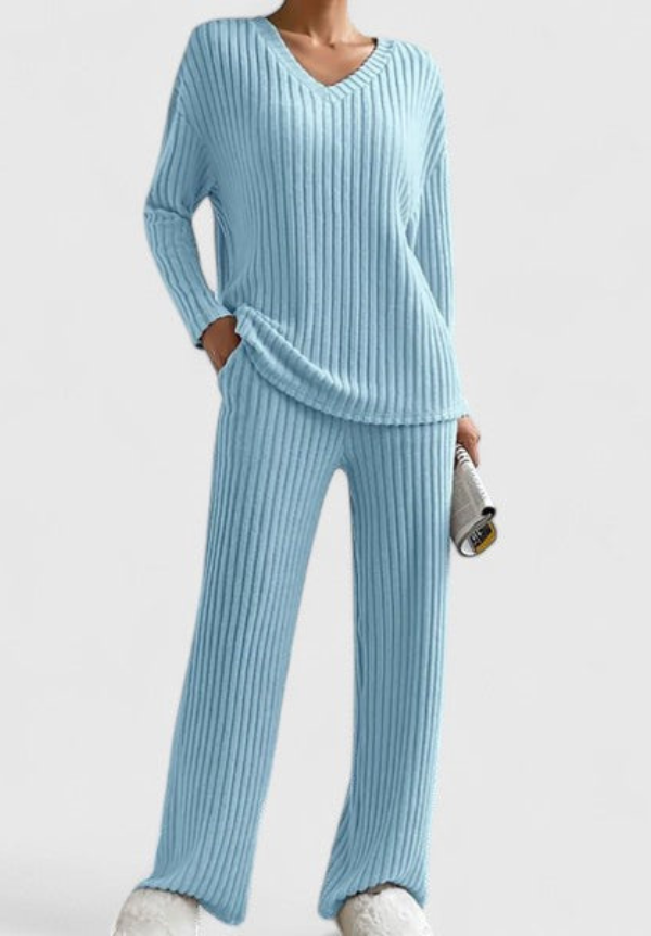 Knit Two Piece Set with V-Neck Top and Wide-Leg Trousers