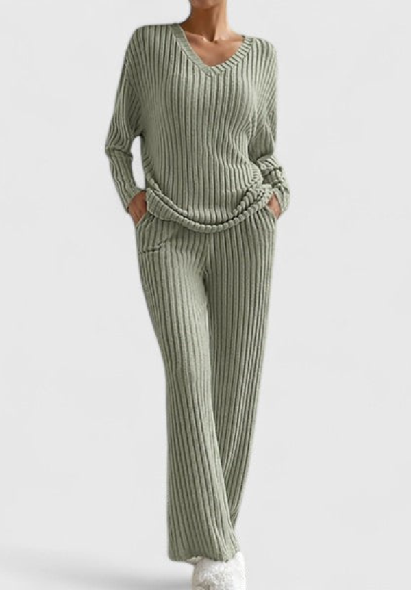Knit Two Piece Set with V-Neck Top and Wide-Leg Trousers