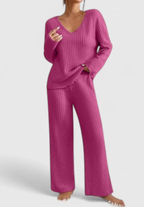 Knit Two Piece Set with V-Neck Top and Wide-Leg Trousers