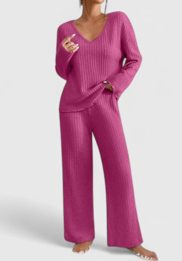 Knit Two Piece Set with V-Neck Top and Wide-Leg Trousers