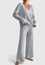 Knit Two Piece Set with V-Neck Top and Wide-Leg Trousers