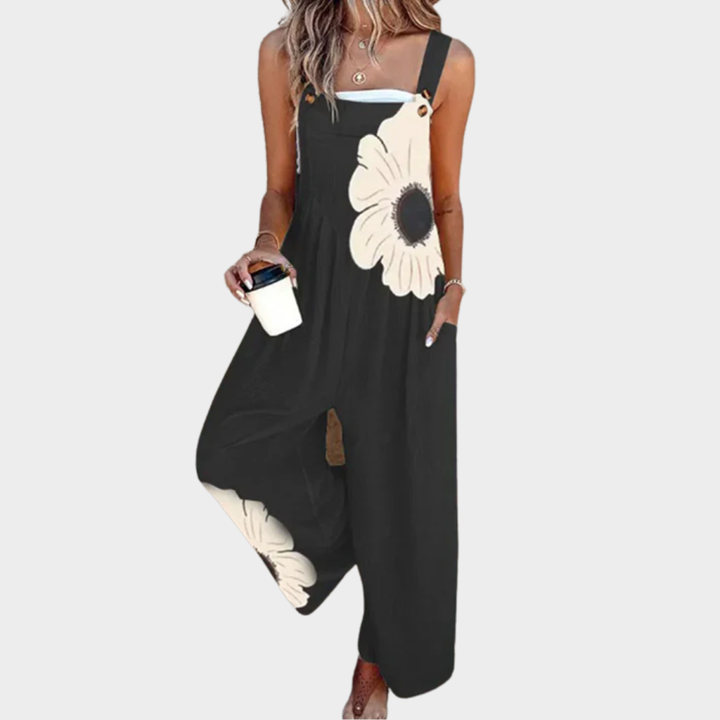 Printed Denim Overalls with Cropped Leg