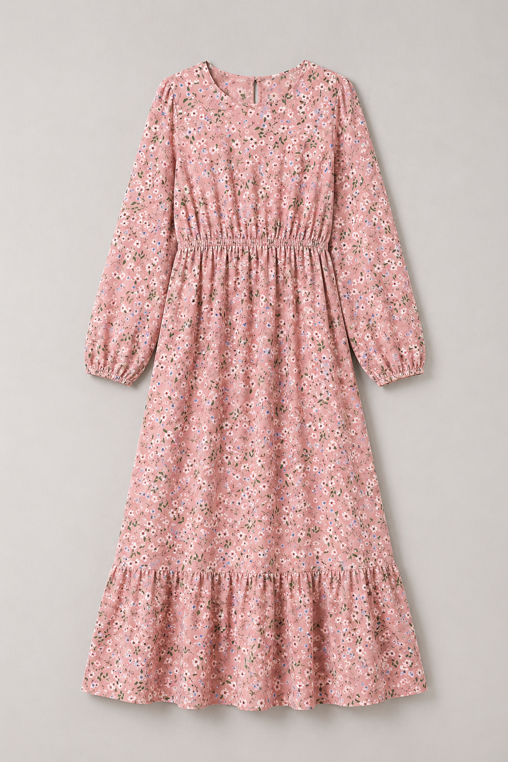 Floral Print Long-Sleeve Dress with Waist Seam