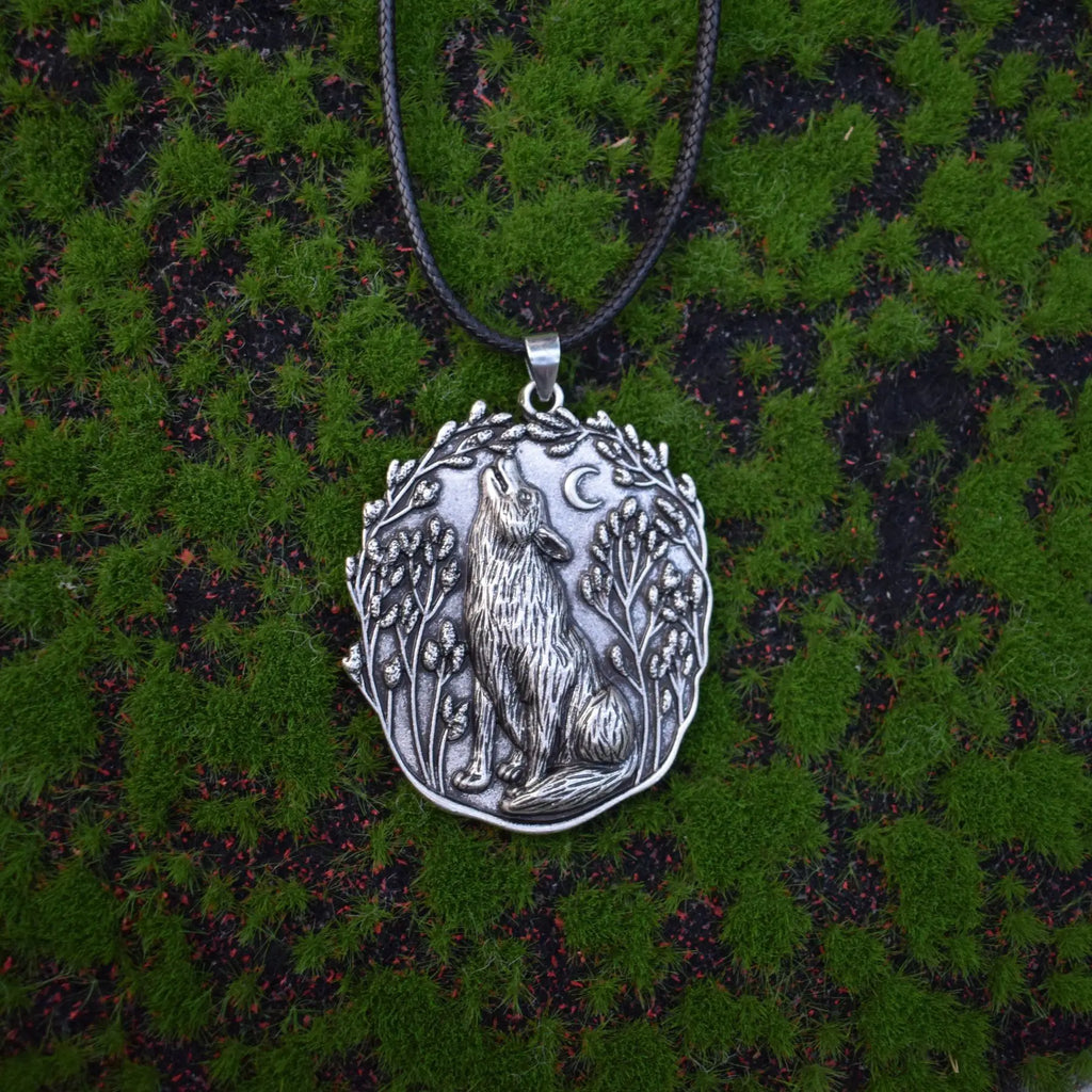 Moon and Wolf Pendant Necklace with Wild Spirit and Night Sky Feel
