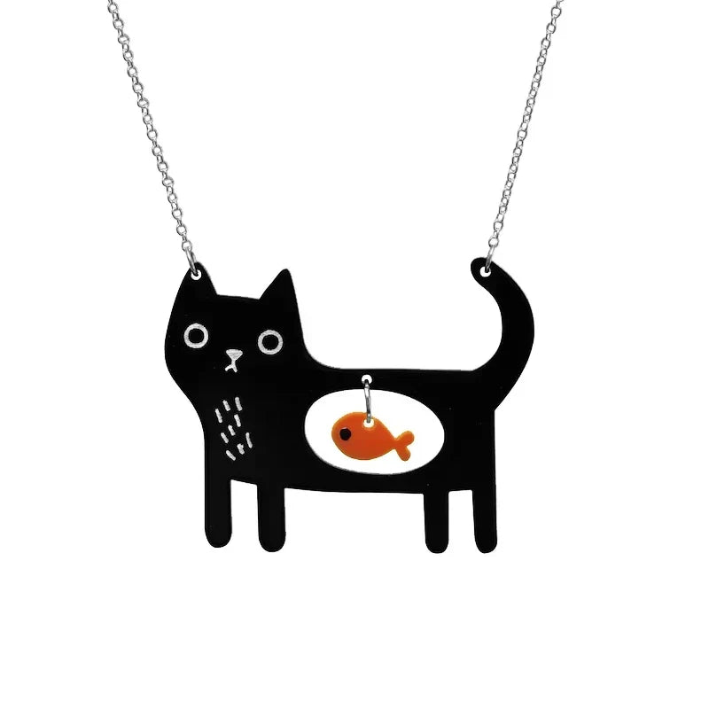Halsband med katt och fisk i akryl och lekfull design