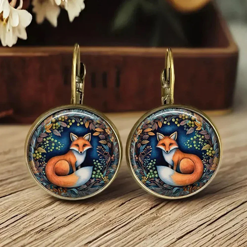 Animal Glass Dome Earrings in Fox, Cat or Chicken Designs