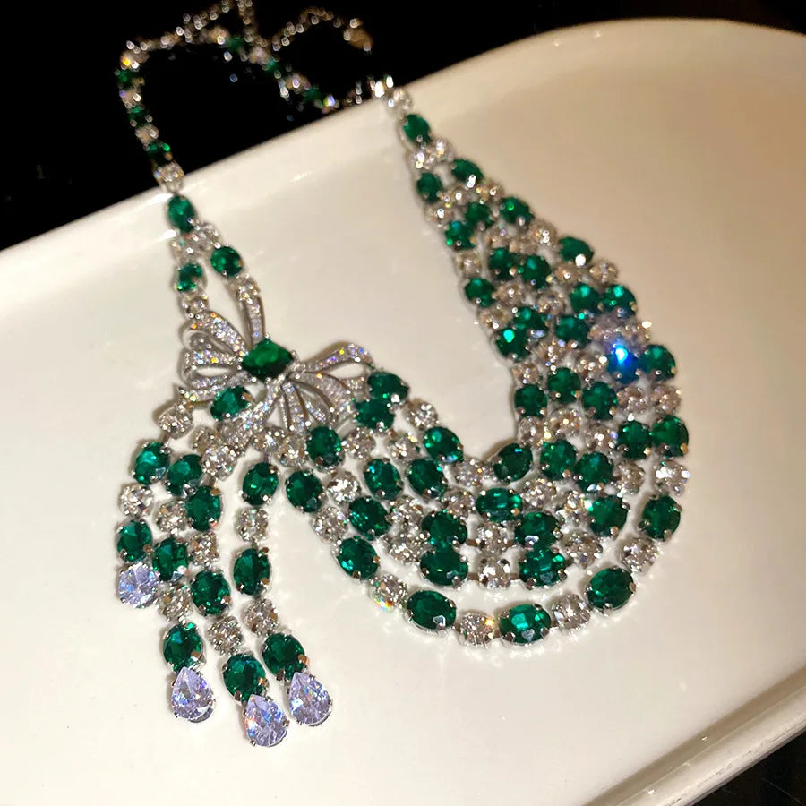 Vintage Bow Pendant Necklace with Rhinestones and Green Detail