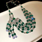 Vintage Bow Pendant Necklace with Rhinestones and Green Detail