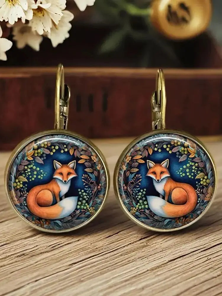 Animal Glass Dome Earrings in Fox, Cat or Chicken Designs