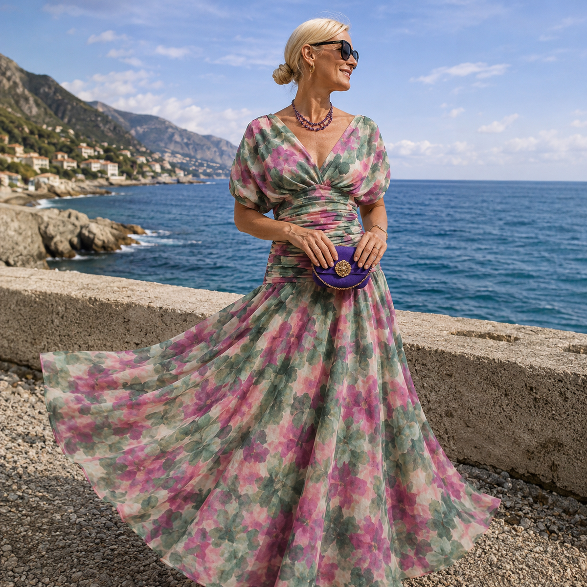 Off shoulder-maxiklänning i draperad chiffong med utsvängd fåll