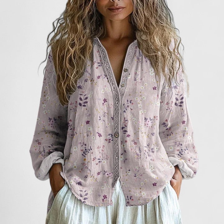 Retro Leaf Print Blouse with Soft Cut