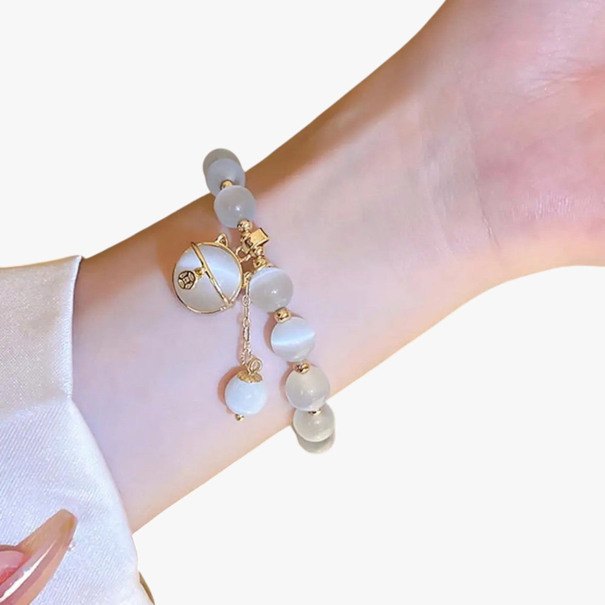 Adjustable Opal Bead Bracelet with Lucky Cat Charm