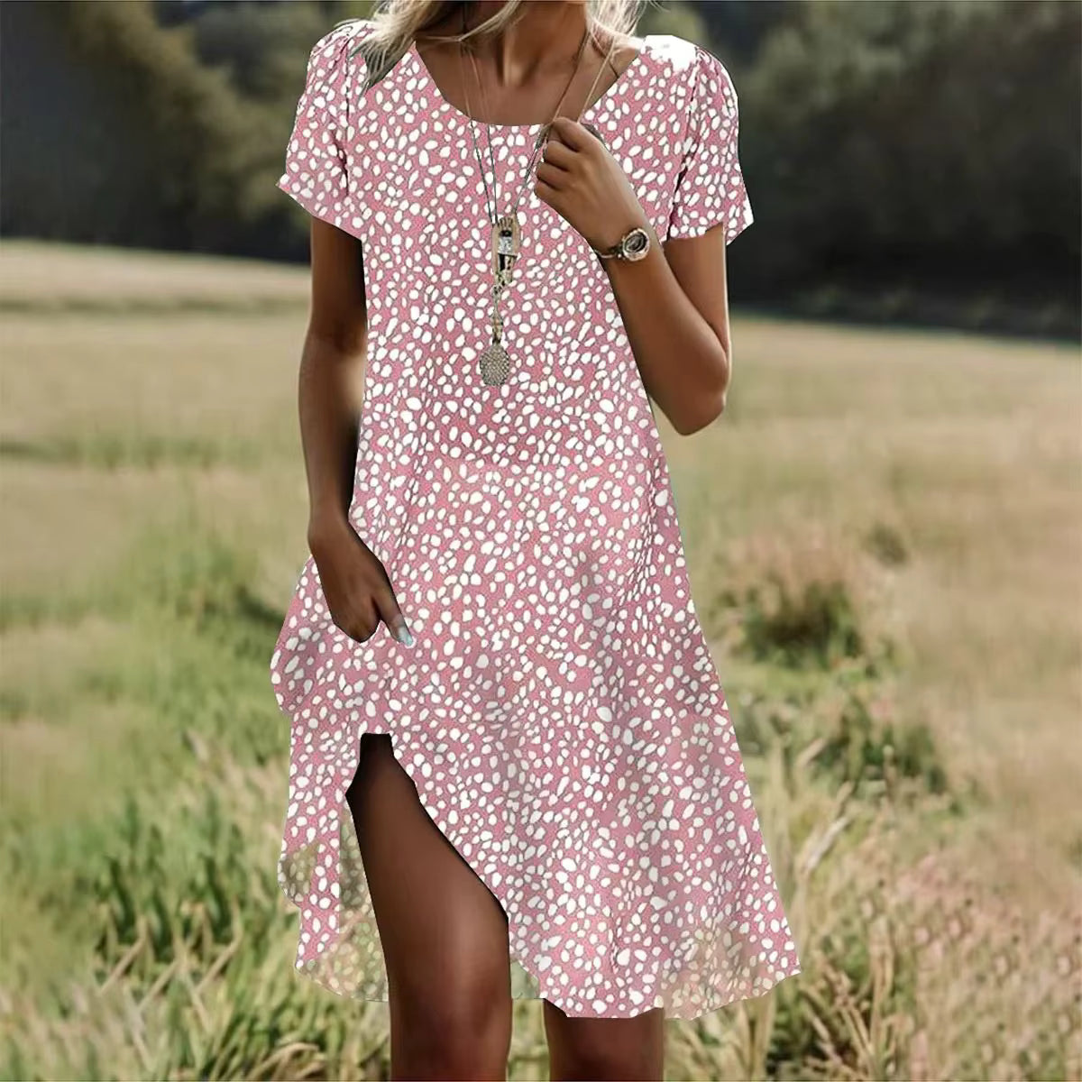 Vestido boho de estampado floral con escote de pico y cintura alta