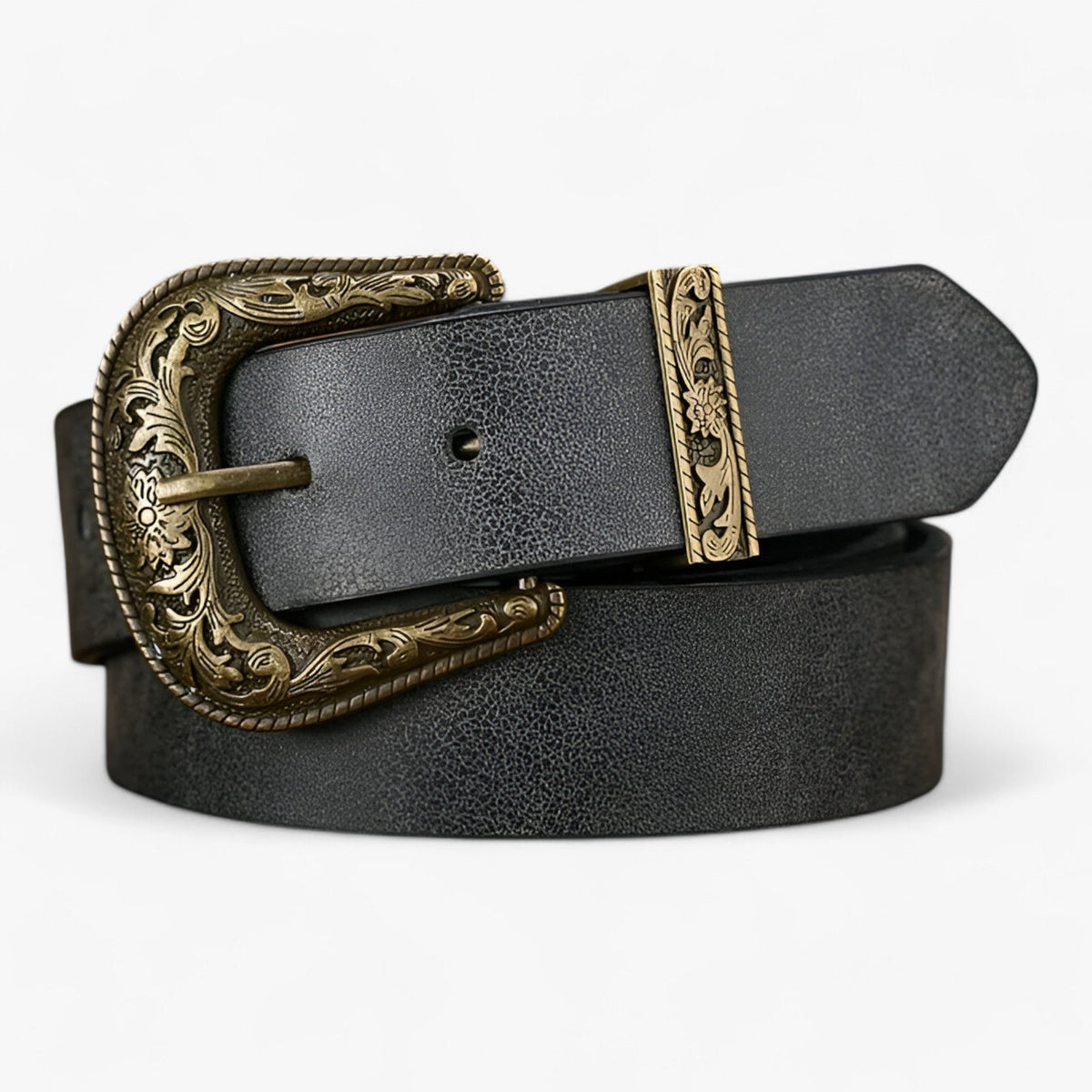 Unisex Faux Leather Belt with a Carved Vintage Floral Buckle