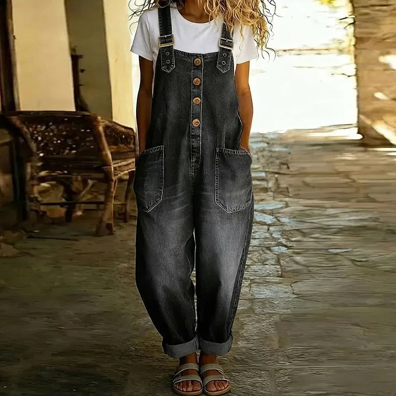 Denim Look Overalls with Adjustable Straps and Wide Leg