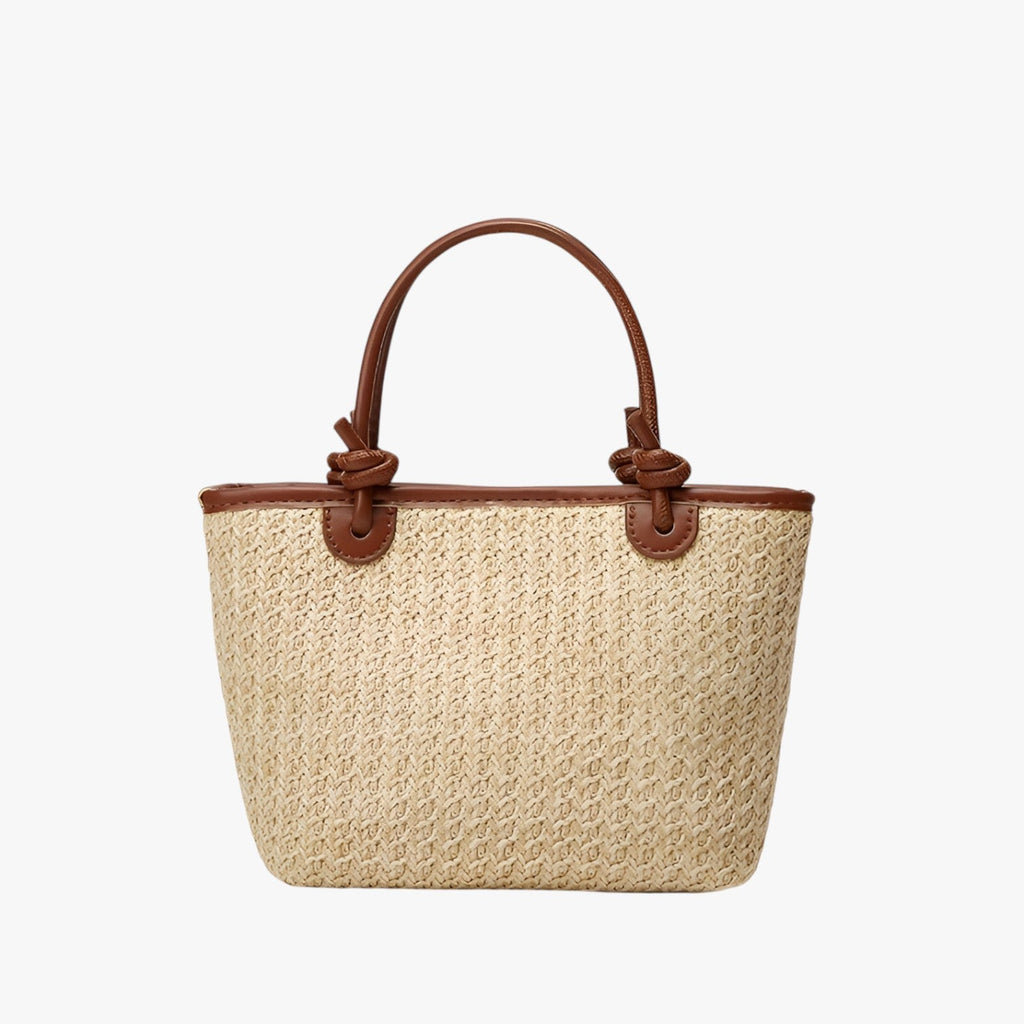 Natural Woven Rattan-Look Shoulder Bag with Rope Knots