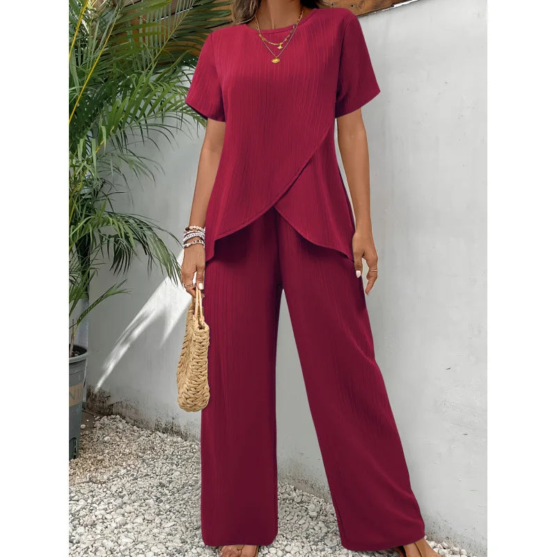 Checked Two Piece Set with Flowing Blouse and Relaxed Trousers