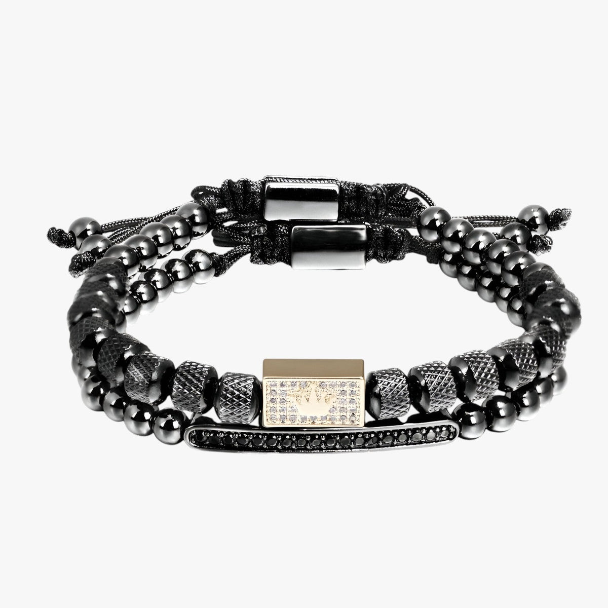 Set of Two Stainless Steel Beaded Bracelets with Crown Charm