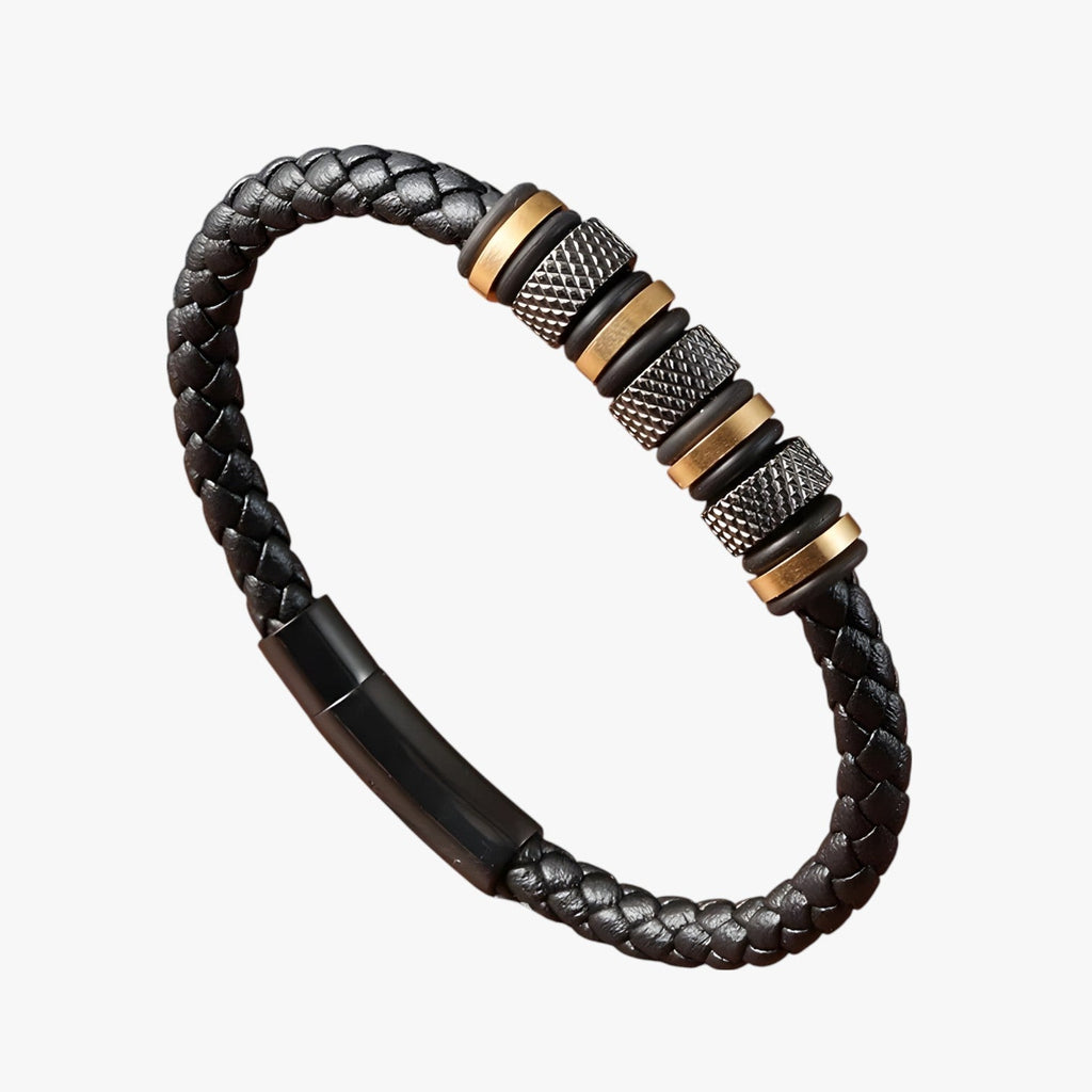 Braided Faux Leather Bracelet with Steel Beads and Magnetic Clasp