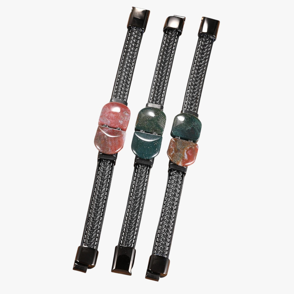 Natural Stone Bracelet with Braided Faux Leather Strap