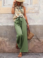 Checked Sleeveless Two Piece Set with Flowing Trousers