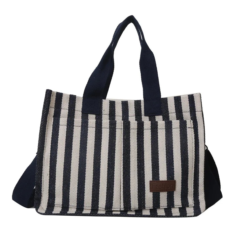 Spacious Striped Canvas Shoulder Bag for Day and Travel