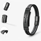 Men's Steel and Faux Leather Cross Bracelet with Magnetic Clasp