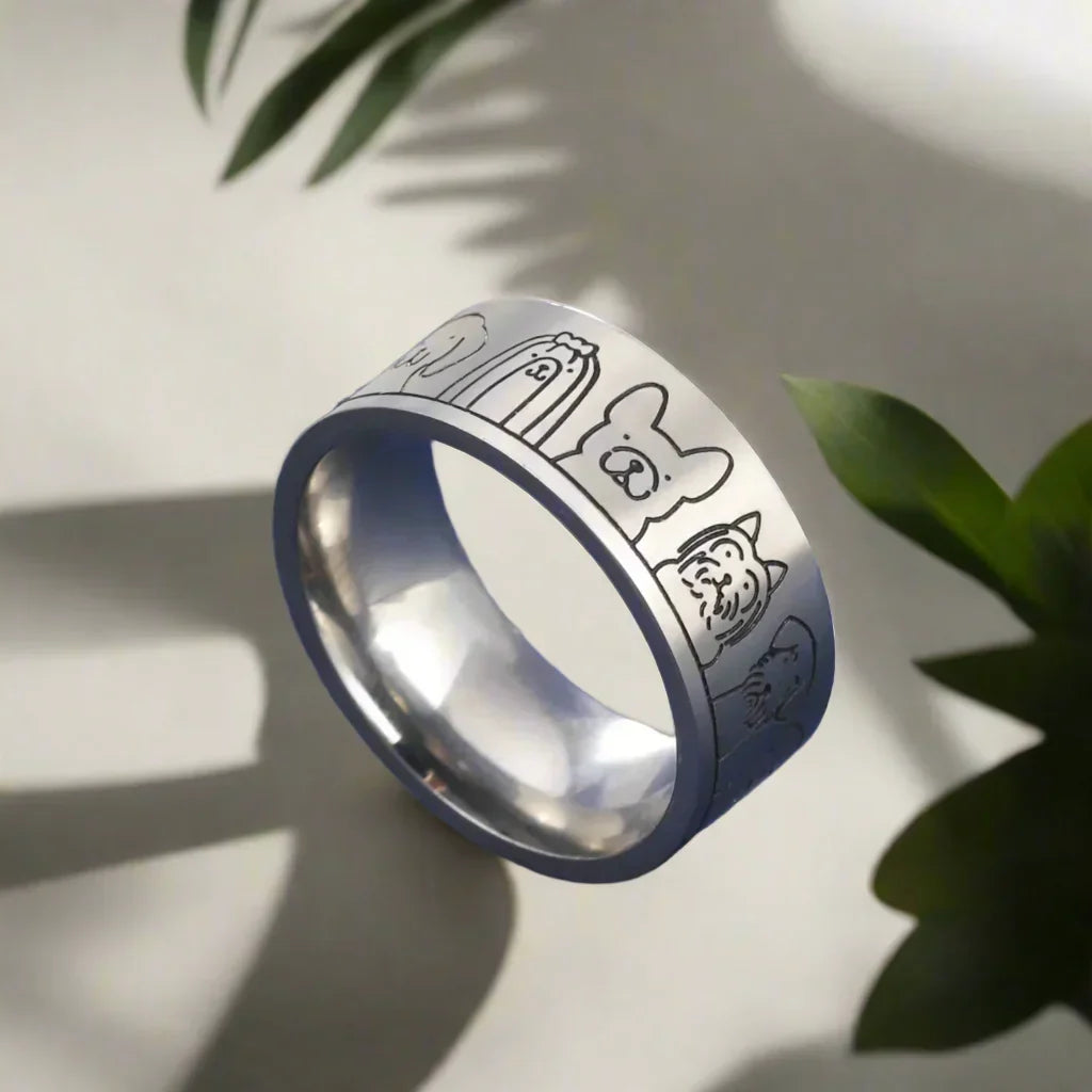 Wide Stainless Steel Band Ring with Engraved Dog Motif