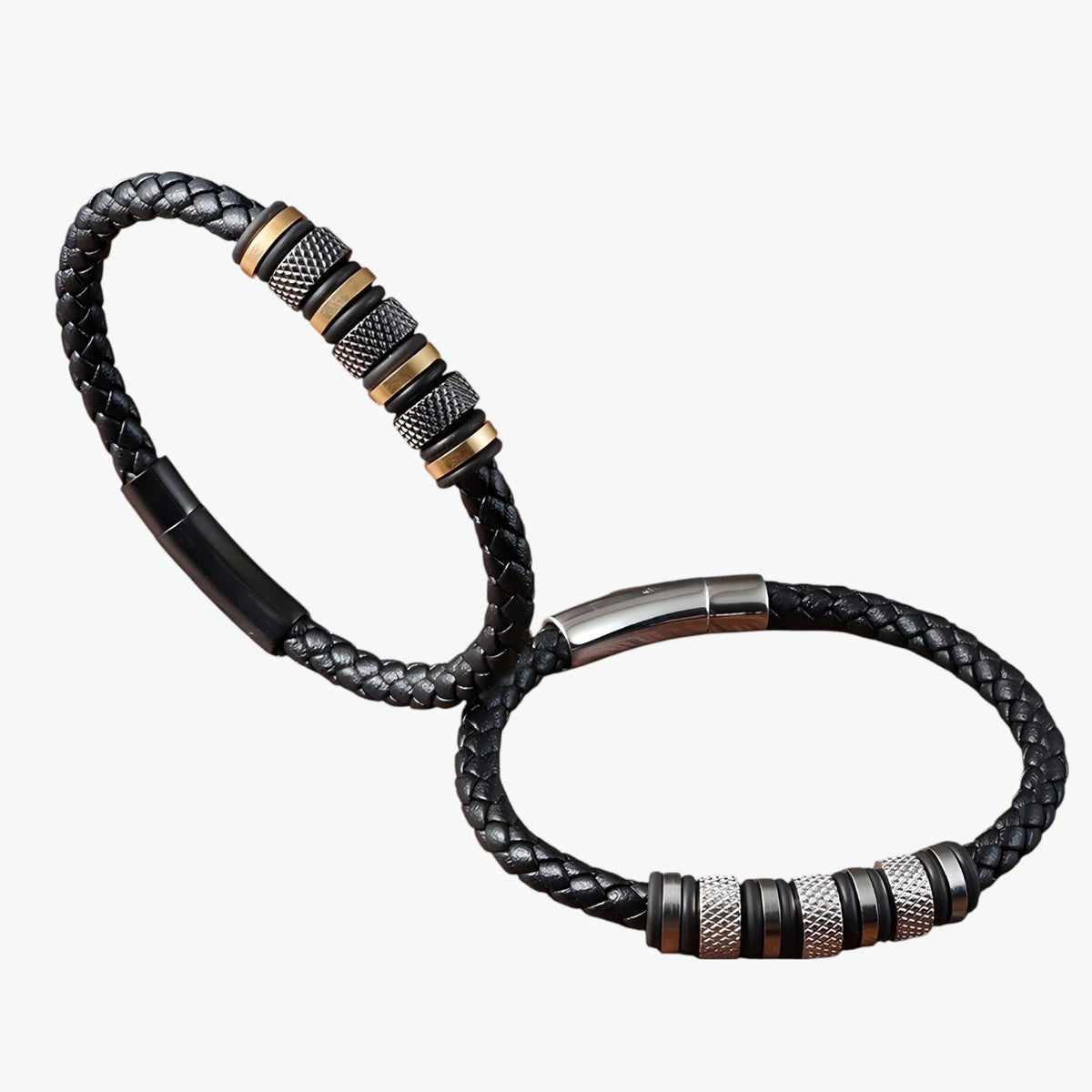Braided Faux Leather Bracelet with Steel Beads and Magnetic Clasp