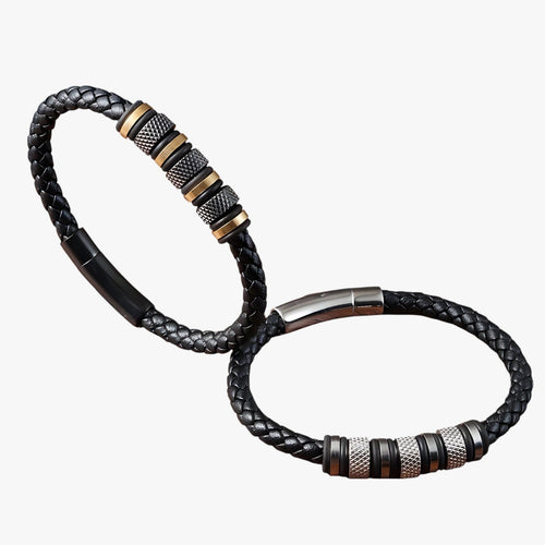 Braided Faux Leather Bracelet with Steel Beads and Magnetic Clasp