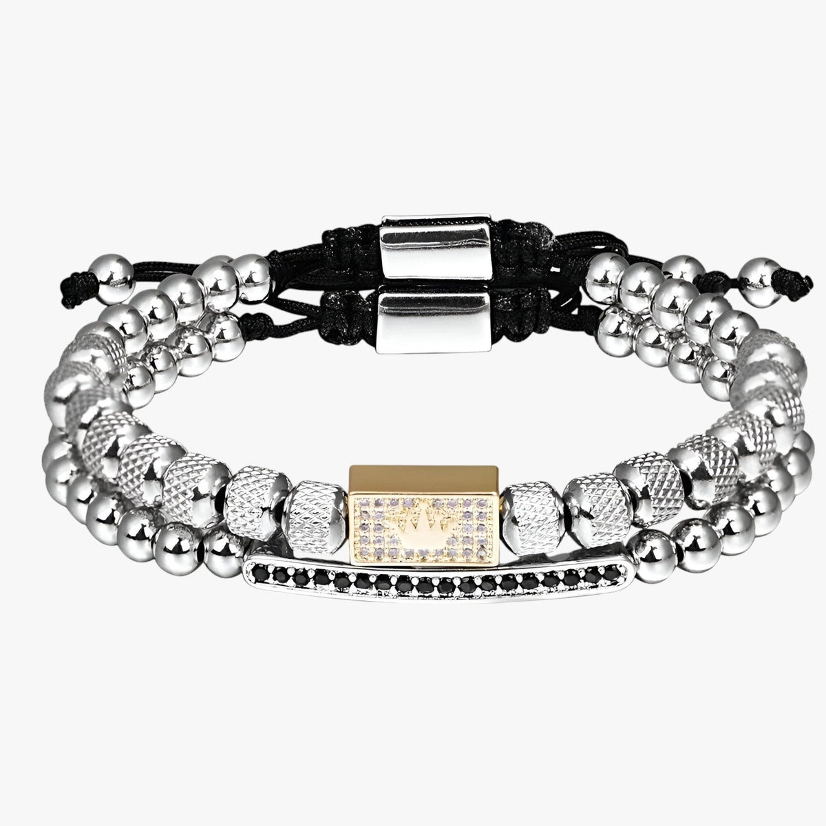 Set of Two Stainless Steel Beaded Bracelets with Crown Charm