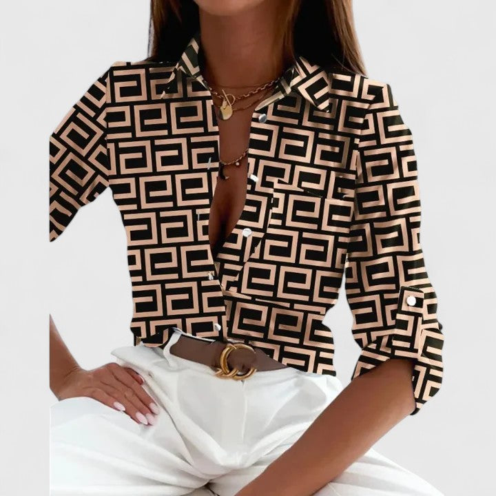Printed Long Sleeve Blouse with Collar