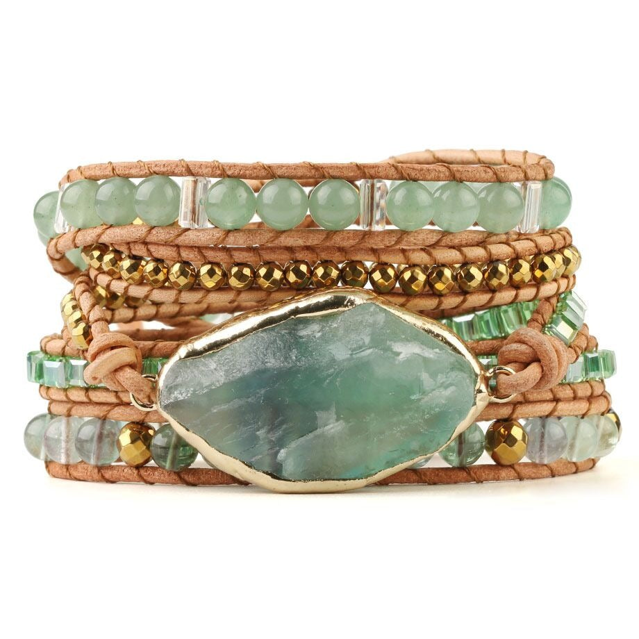 Pulsera de cuentas de aventurina verde con cordón de piel sintética
