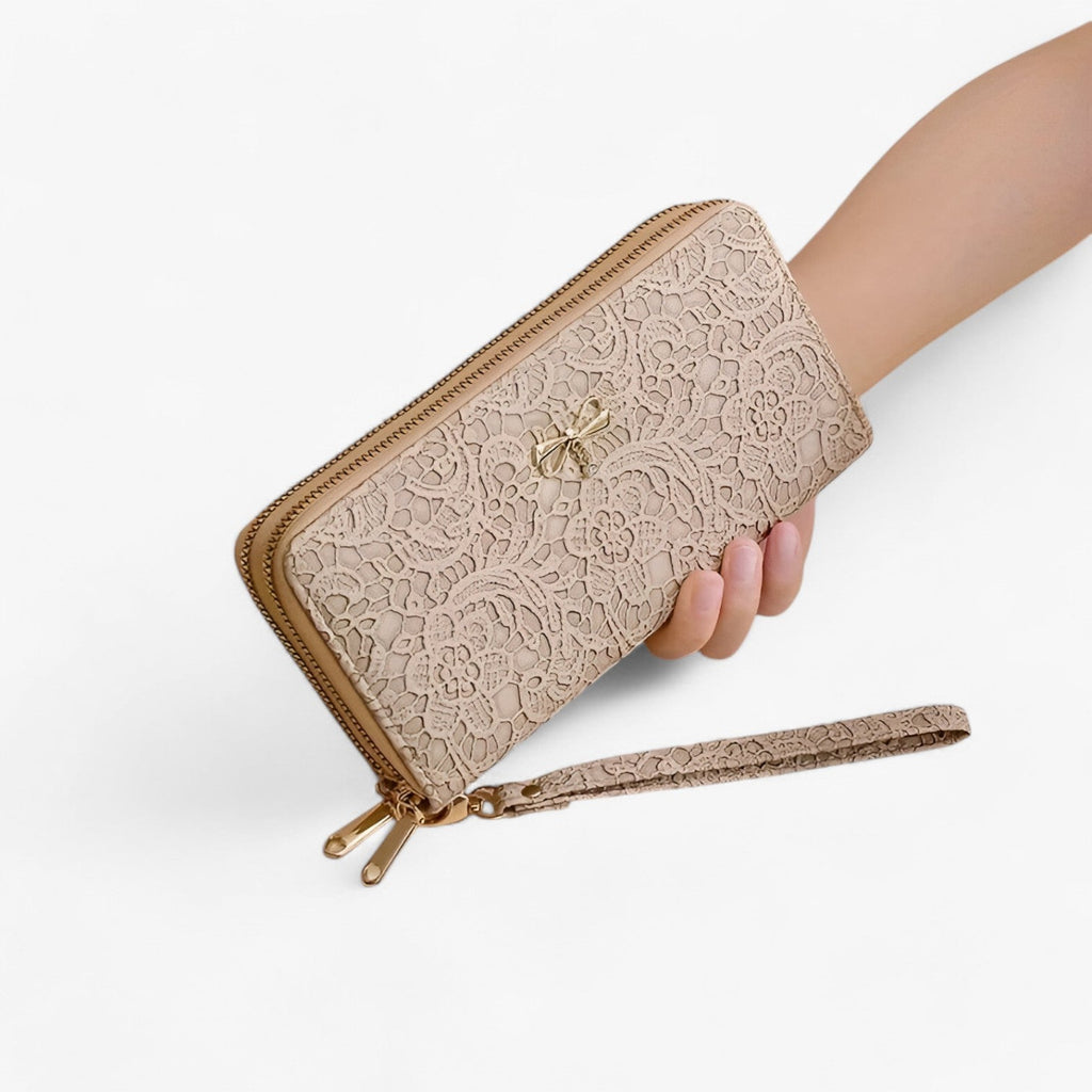 Cartera retro con detalle de encaje en relieve y múltiples compartimentos