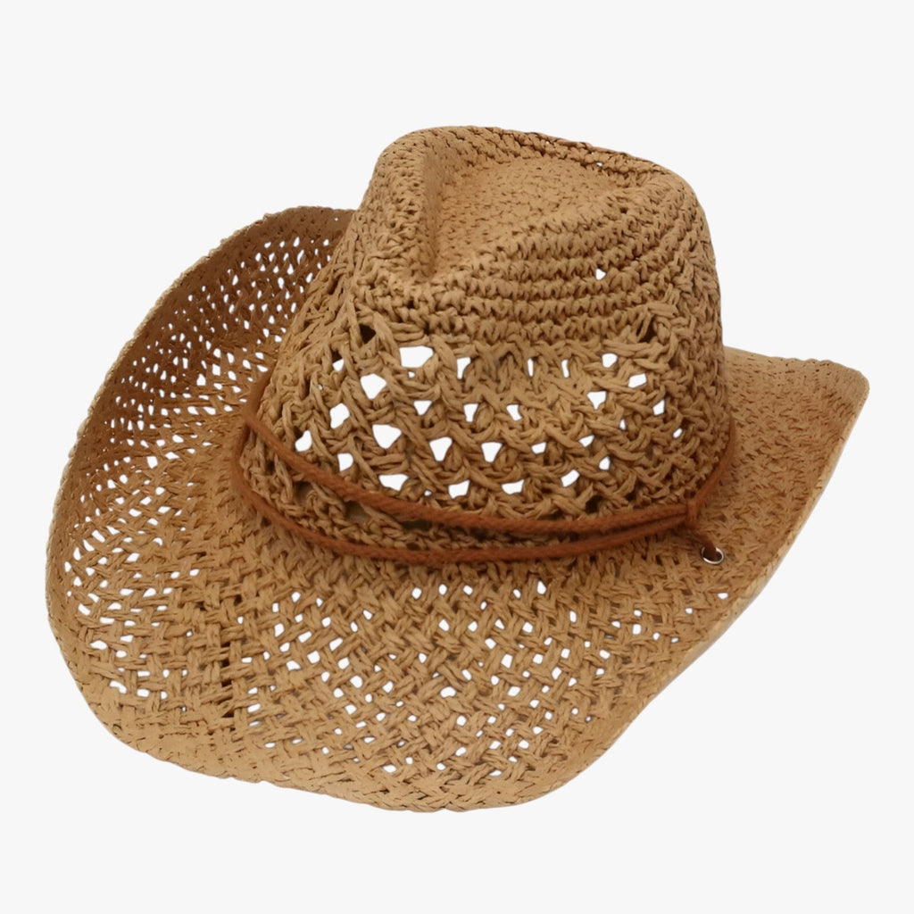 Vintage Western-Style Foldable Straw Sun Hat with Ethnic Trim