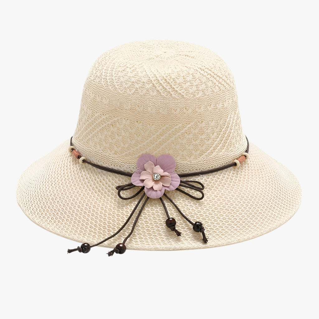 Foldable Straw Sun Hat with Decorative Flower Trim