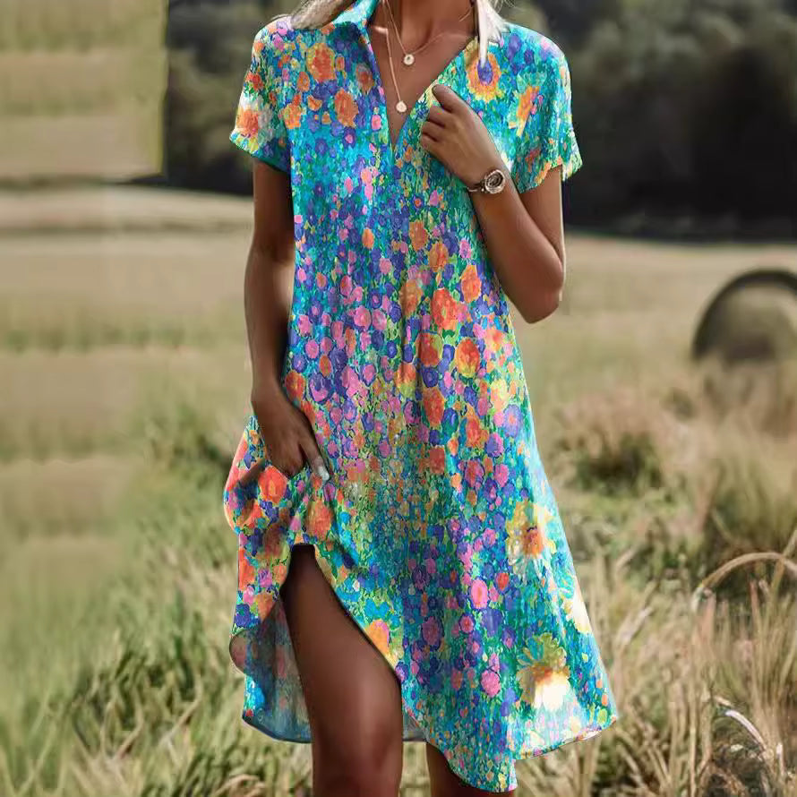 Short-Sleeve Cotton-Blend Boho Dress with Leaf Print