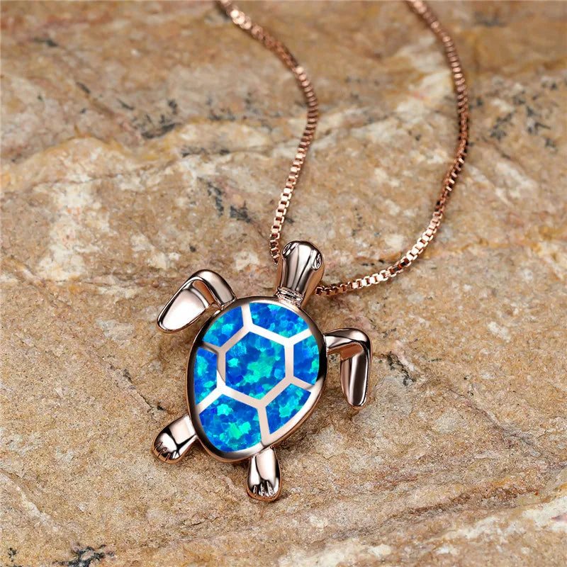Vintage Turtle Pendant Necklace with Iridescent Stone