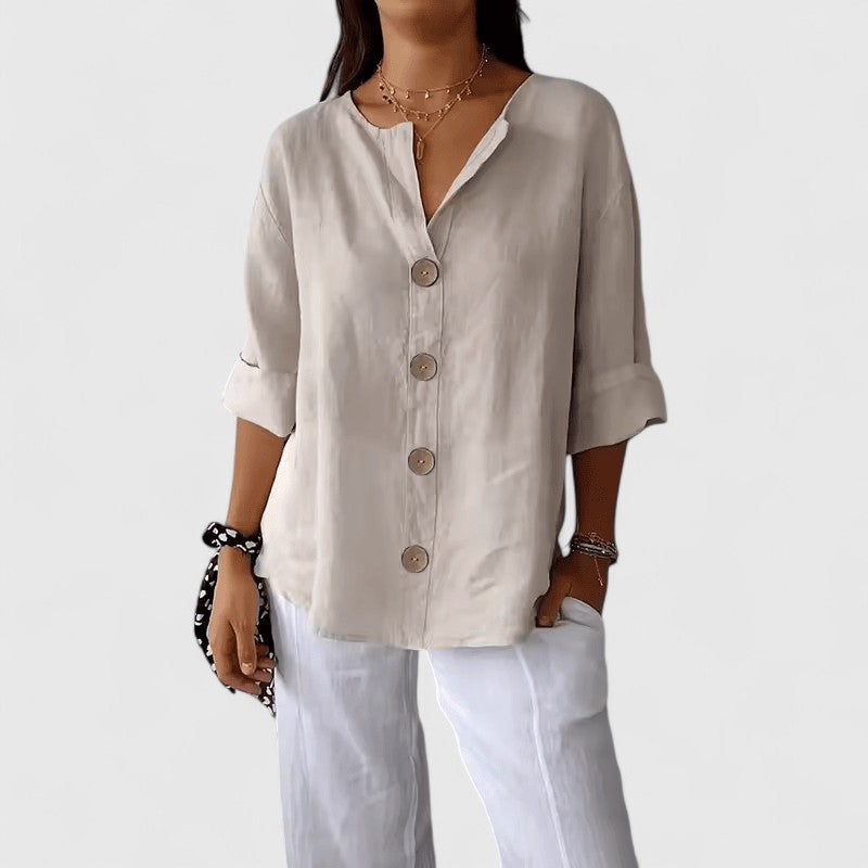 Cotton Linen Blend Blouse with V-Neck and Button Front