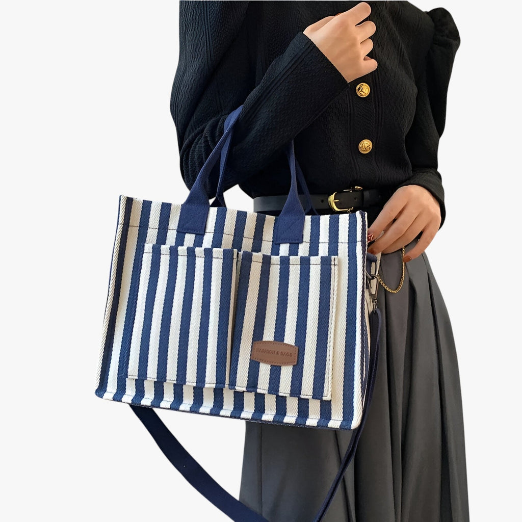Spacious Striped Canvas Shoulder Bag for Day and Travel