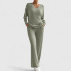 Ribbed Knit Lounge Set with V-Neck Top and Wide-Leg Trousers
