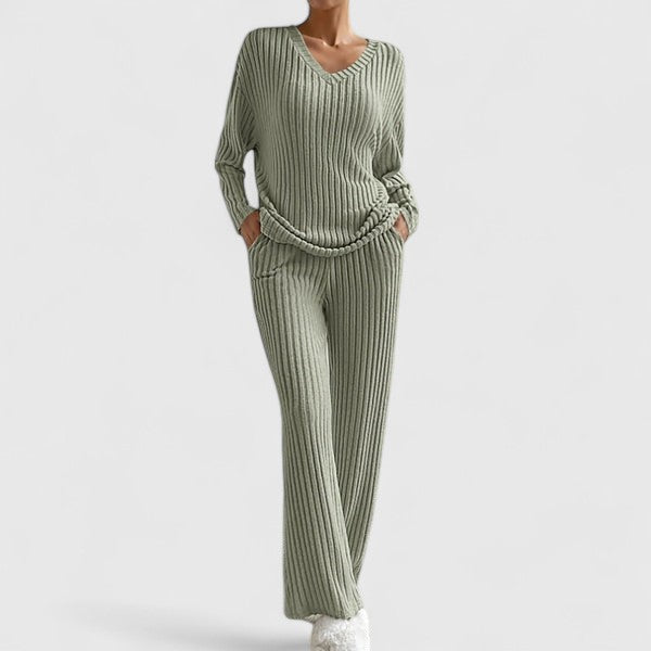 Ribbed Knit Lounge Set with V-Neck Top and Wide-Leg Trousers