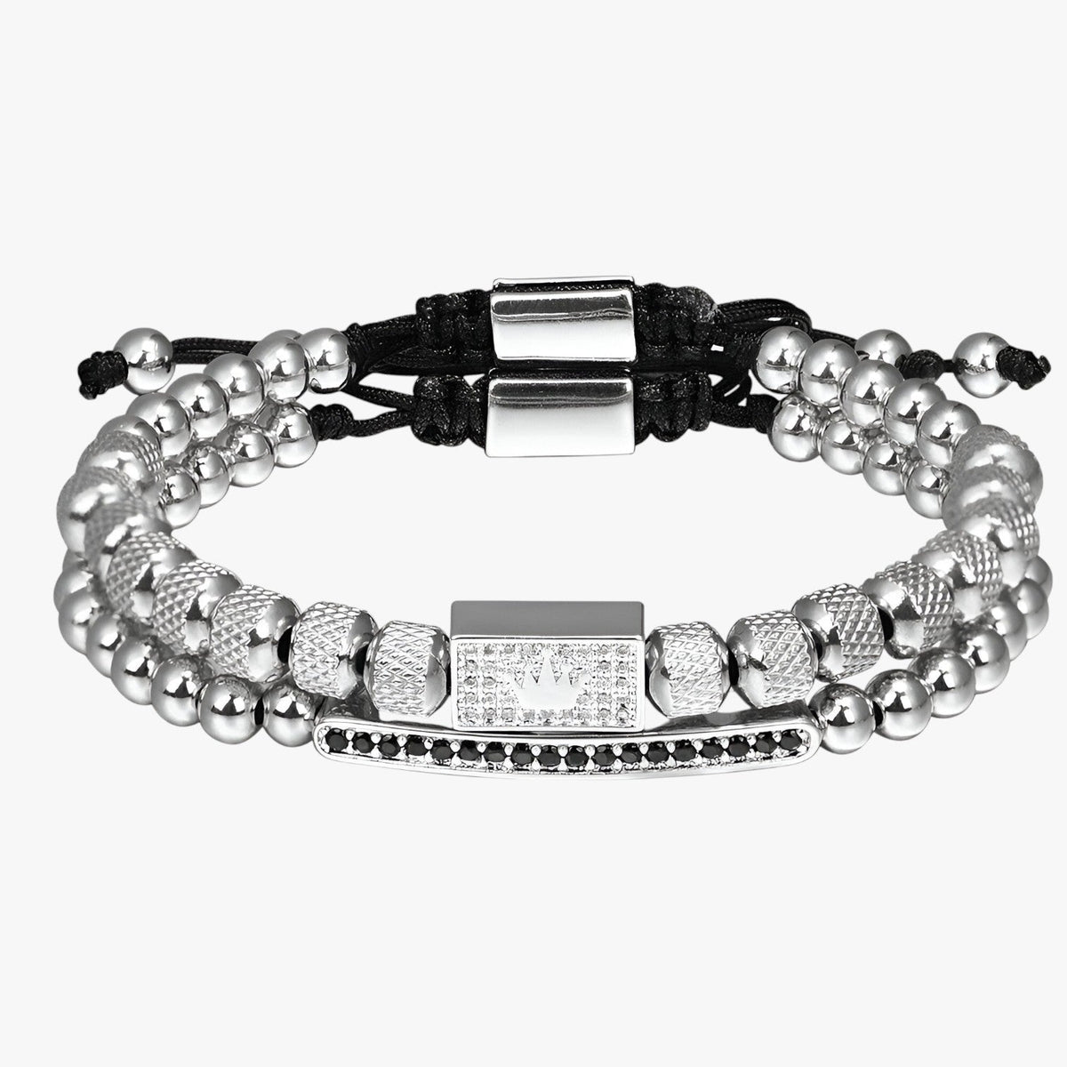 Set of Two Stainless Steel Beaded Bracelets with Crown Charm